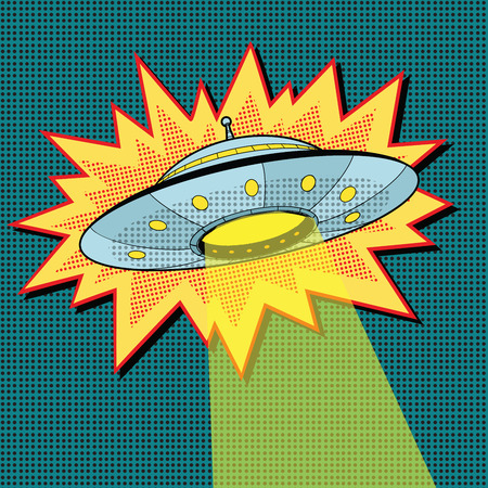 Pop art UFO with light beam, retro vector illustrationのイラスト素材