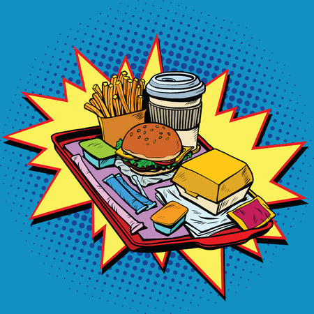 Fast food dinner, pop art retro vector illustration. Burger, fries and hot drinkのイラスト素材