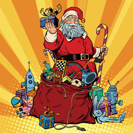 Santa Claus with bag of gifts. Christmas and New year, pop art retro vector illustrationのイラスト素材