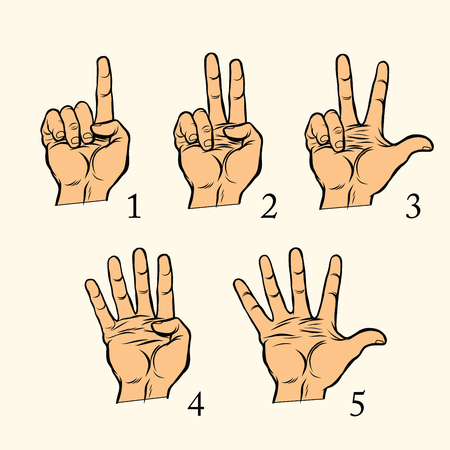 Set of hand gestures count 1 2 3 4 and 5, pop art retro vector illustration. One two three four fiveのイラスト素材