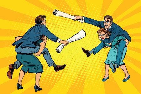Business people office battle, men riding women, pop art retro vector illustration. Gender inequalityのイラスト素材