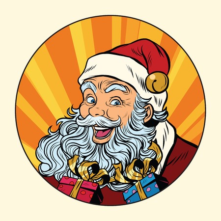 Joyful Santa Claus with gifts, pop art retro vector illustrationのイラスト素材