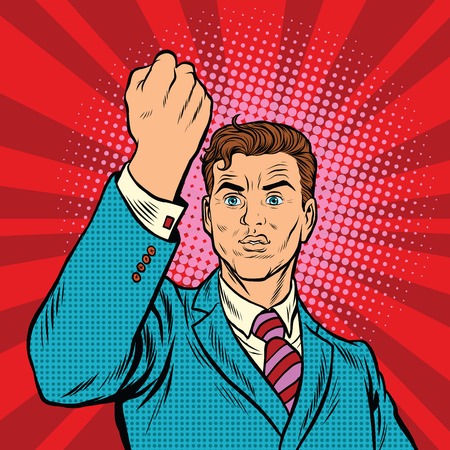 Businessman with fist, pop art protest, retro vector illustration. A symbol of unityのイラスト素材