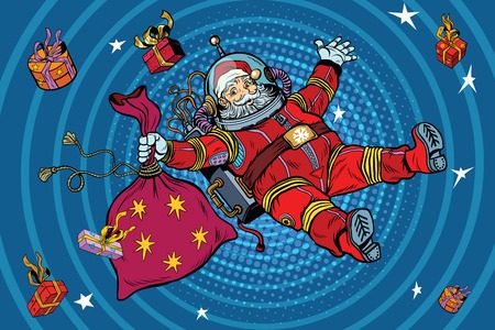 Space Santa Claus in zero gravity with Christmas gifts, pop art retro vector illustration. Blue cartoon circles background radiationのイラスト素材