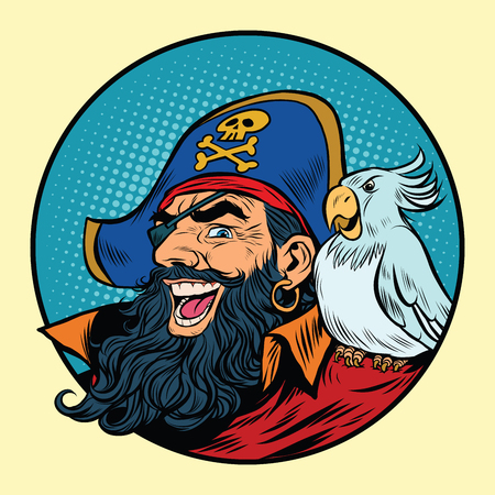 Happy pirate with a parrot on his shoulder, pop art retro vector illustrationのイラスト素材