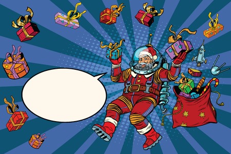 Space Santa Claus in zero gravity with Christmas gifts, pop art retro vector illustration. Blue cartoon backgroundのイラスト素材
