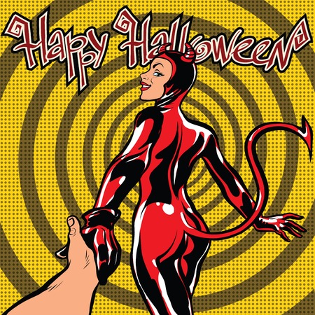 Happy Halloween devil girl follow me, pop art retro vector illustration. Carnival and celebrationのイラスト素材