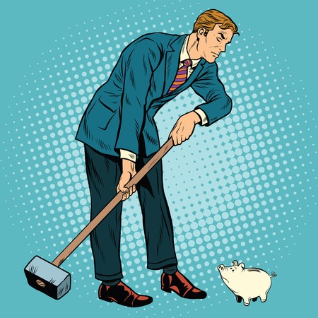 Retro businessman wants to take down a small pig piggy Bank, pop art retro vector illustrationのイラスト素材