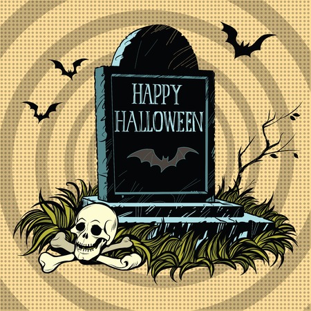 Happy Halloween grave tombstone cemetery skull and bones, pop art retro vector illustration. Night and batsのイラスト素材