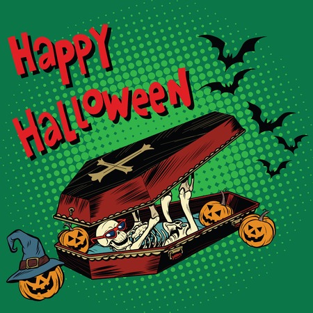 Happy Halloween holiday, coffin skeleton evil pumpkin. pop art retro vector illustration. Silhouettes of batsのイラスト素材
