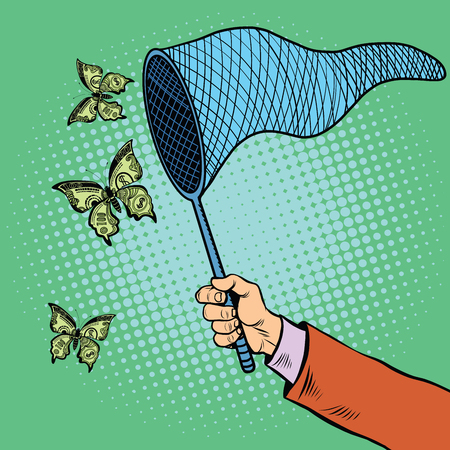 Businessman catching money with a butterfly net, pop art retro vector illustration. Business and Finance, the concept of hunting for revenues and profitsのイラスト素材