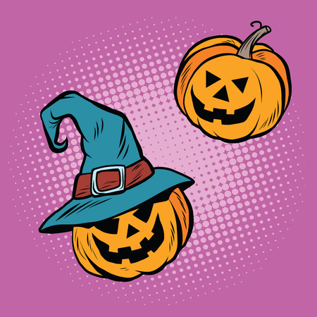 Evil Halloween pumpkin hat pilgrim, pop art retro vector illustrationのイラスト素材