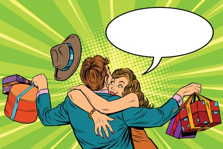 couple man and woman, the joy of gifts, pop art retro vector illustrationのイラスト素材