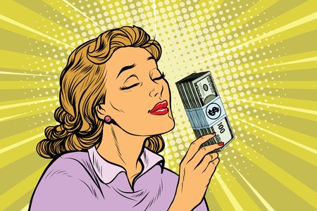 businesswoman smelling the scent of money, pop art retro vector illustration. Finance and businessのイラスト素材