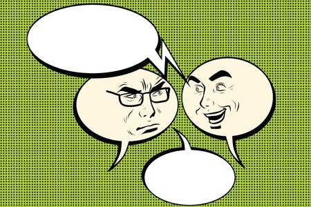 Two men joyful and angry. Comic bubble smiley face, pop art retro vector illustration. Human emotionsのイラスト素材