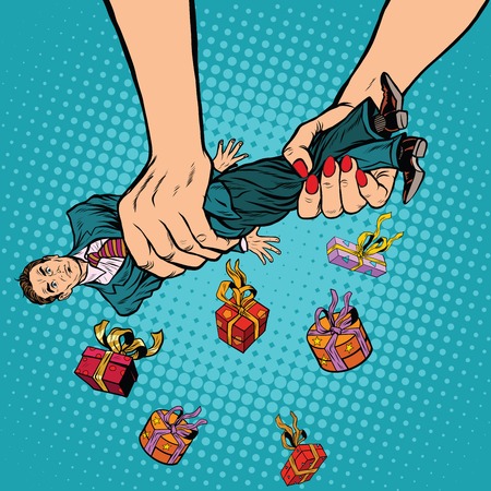 Female hands squeeze men gifts, pop art retro vector illustration. Love and exploitation. Holiday saleのイラスト素材
