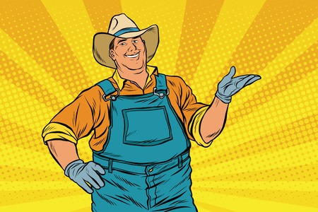 The American farmer in a cowboy hat, pop art retro vector illustration. A man in the pose of a promoterのイラスト素材