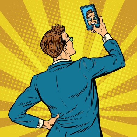 Retro man selfie on smartphone pop art retro vector illustrationのイラスト素材