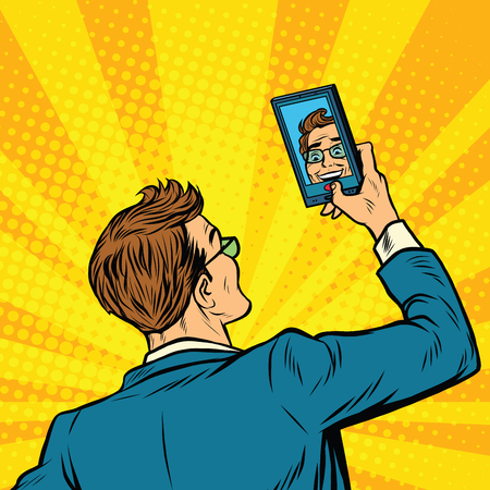 Retro man selfie on smartphone pop art retro vector illustrationのイラスト素材