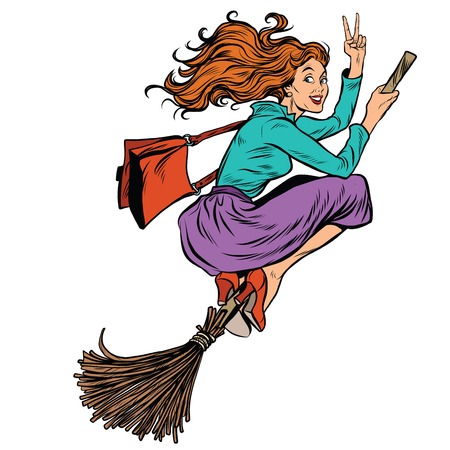 Beautiful woman witch flying on a broom, pop art retro vector illustration. Halloween character. White background isolated peopleのイラスト素材