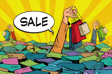 sales, people drowning in the ocean of shopping, pop art retro vector. The concept of black Friday and holiday salesのイラスト素材