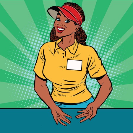 Beautiful woman restaurant worker takes the order, pop art retro vector illustration. A restaurant employee fast food. The seller is in uniformのイラスト素材