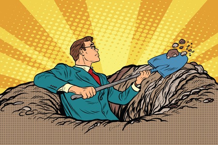 Businessman with a shovel digging, pop art retro vector illustration. The funeral and cemetery. Treasure and discoveryのイラスト素材