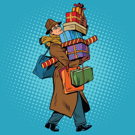 Man with Christmas gifts, pop art retro illustrationのイラスト素材