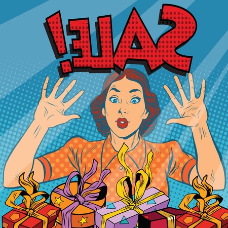 Sale, retro woman behind the glass storefront, pop art retro illustration. Holiday discountsのイラスト素材