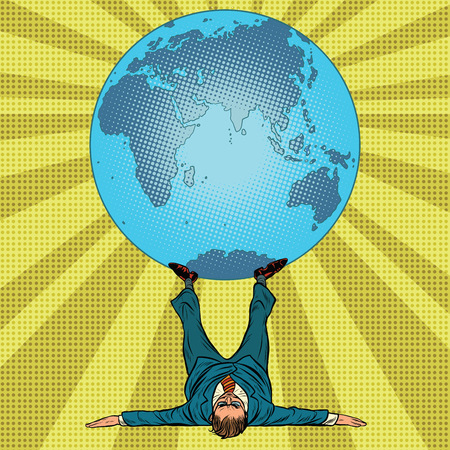 International policy concept. man and Earth. Pop art retro vector illustration. Businessman boss holds the planet on his feetのイラスト素材