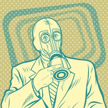 Pop art retro man in gas mask pointing sidewaysのイラスト素材
