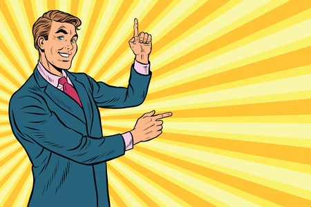 Businessman points up and sideways to copy space background, pop art retro vector. Beautiful promo manのイラスト素材