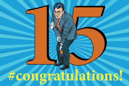 Congratulations to the 15 anniversary event celebration. Happy man opens a bottle of champagne. Vintage pop art retro vector illustrationのイラスト素材