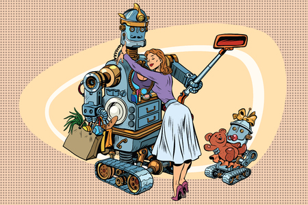 Vintage retro family, dad robot wife and childのイラスト素材