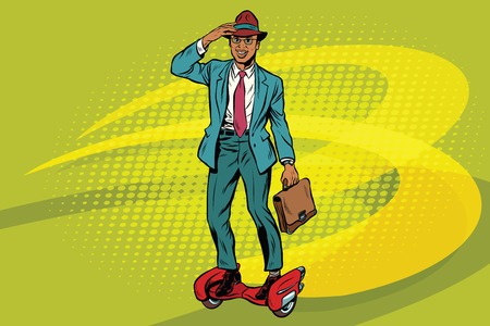 Retro businessman on steampunk rocket skateboard. Pop art vector illustration. African American businessmanのイラスト素材