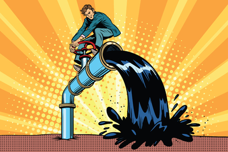 Oil is polluting, businessman on the tube. Pop art retro comic book vector illustration. Ecology and saving natureのイラスト素材