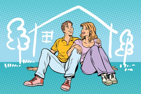 Young couple boy and girl dreams about the house. people sitting. Pop art retro comic book vector illustration.のイラスト素材