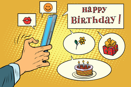 Mobile app greetings happy birthday. Pop art retro comic book vector illustration.のイラスト素材