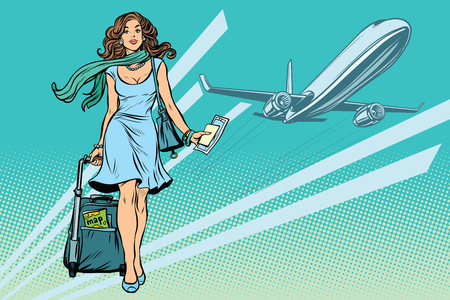 Beautiful young woman with Luggage at the airportのイラスト素材