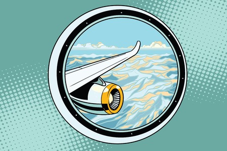 The wing of a flying passenger plane. Pop art retro vector illustrationのイラスト素材