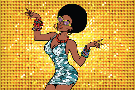 African American woman disco dancer. Pop art retro vector illustration. Beautiful girl in sunglasses and a sparkly dressのイラスト素材