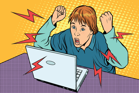 Angry teenager sitting at computer laptop. Pop art retro vector illustrationのイラスト素材