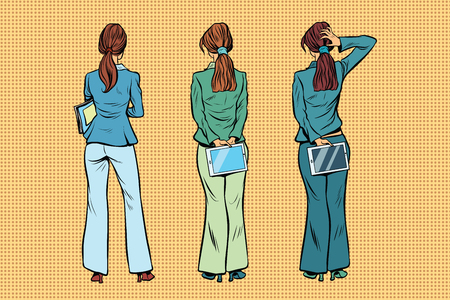 Slim businesswoman in Trouser suits are back. Viewers and audience. A set of human shapes silhouettes. Pop art retro vector illustrationのイラスト素材