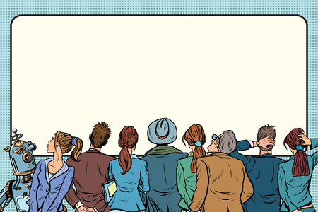 Retro group of people are watching on the silver screen. Pop art retro vector illustrationの写真素材