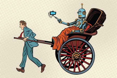 People rickshaw ride robot. Pop art retro vector illustrationのイラスト素材