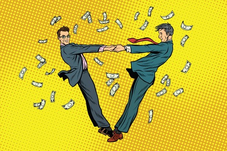 Two businessmen happily dancing in a whirlwind of money. Pop art retro vector illustrationのイラスト素材