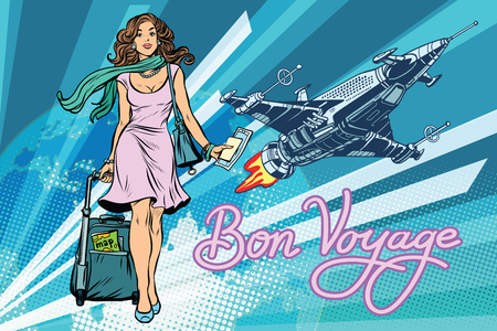 Bon voyage space travel, space tourism. Pretty girl passenger with Luggage. Pop art retro vector illustrationのイラスト素材