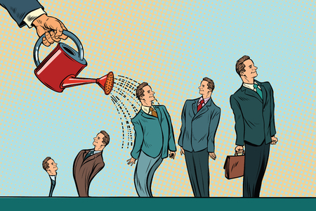 Business incubator, startup. Hand watering businessmen from a watering can. Pop art retro vector illustrationの写真素材