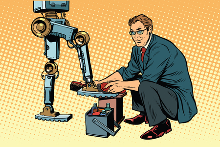 Businessman cleans shoes robot. Evolution and the technological revolution. Pop art retro vector illustrationの写真素材
