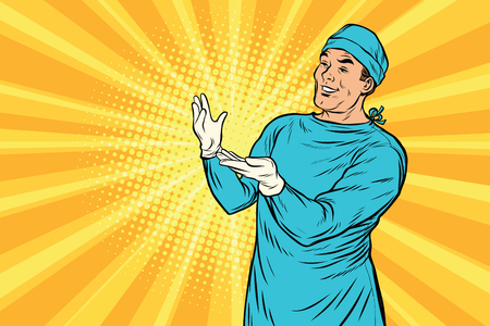 Doctor surgeon after the surgery smiling. Medicine and health care. Pop art retro vector illustrationの写真素材